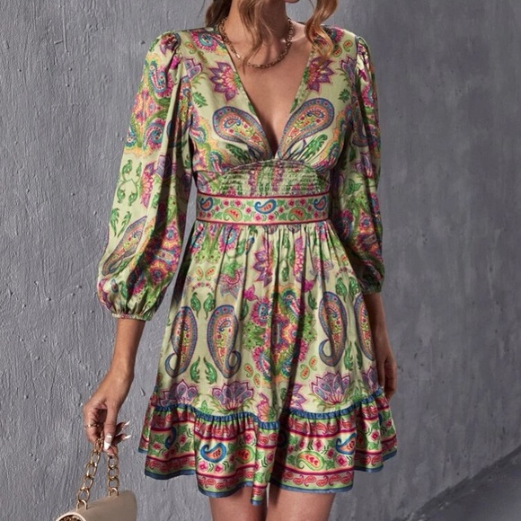 Boho floral paisley print lantern sleeve ruffle hem dress - Picture 3 of 7